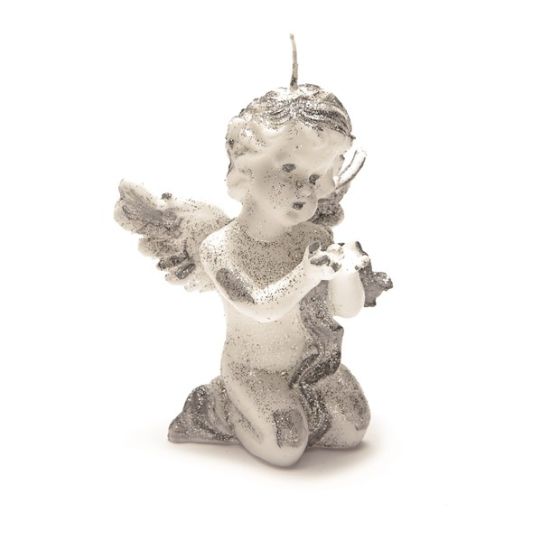 CANDLE ANGEL KNEELING WITH PEARL SILVER GLITTER