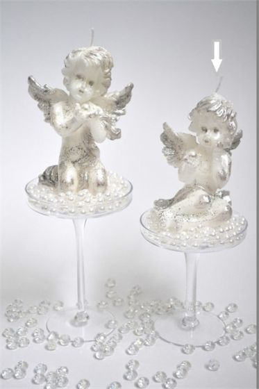 CANDLE ANGEL SITTING WITH PEARL SILVER GLITTER