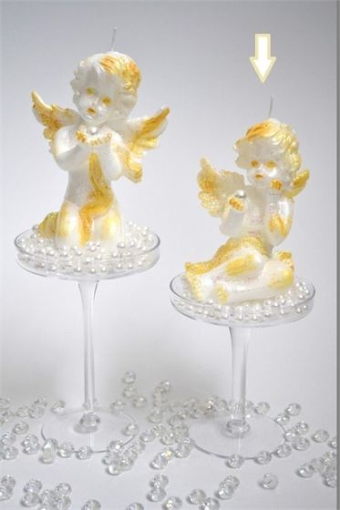 CANDLE ANGEL SITTING WITH PEARL GOLD GLITTER