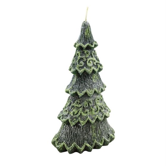 CANDLE CHRISTMAS TREE 3 LARGE GREEN/WHITE GLITTER