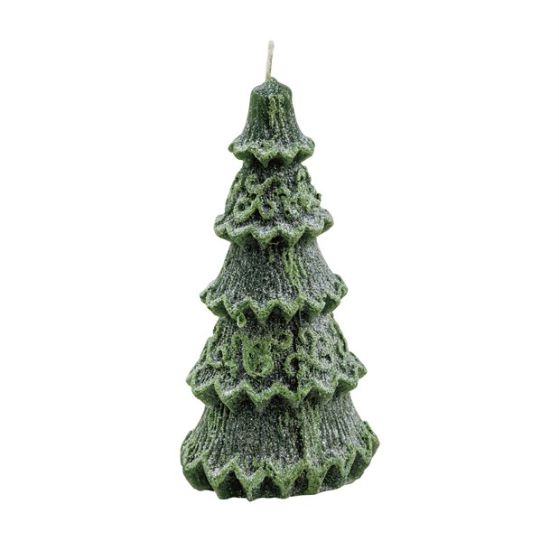 CANDLE CHRISTMAS TREE 3 SMALL GREEN/WHITE GLITTER